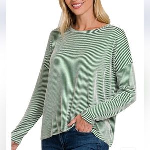 Green Zenana Ribbed Stripe Boat Neck Drop Shoulder Long Sleeve Top
